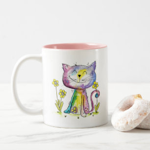 Niedliche Whimsical Happy Cat mit gelben Blumen Zweifarbige Tasse