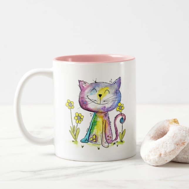 Niedliche Whimsical Happy Cat mit gelben Blumen Zweifarbige Tasse (Mit Donut)