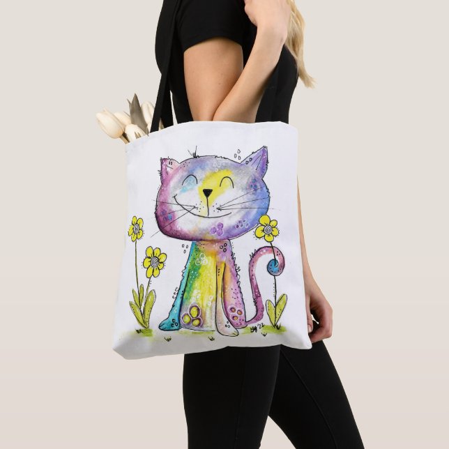 Niedliche Whimsical Happy Cat mit gelber Blume (Von Nahem)