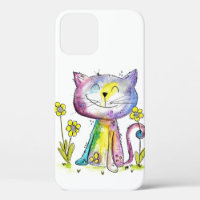 Niedliche Whimsical Happy Cat mit gelber Blume