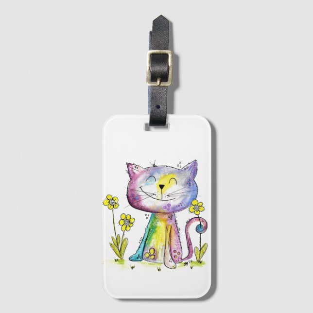 Niedliche Whimsical Happy Cat mit gelber Blume Gepäckanhänger (Vorderseite Vertikal)