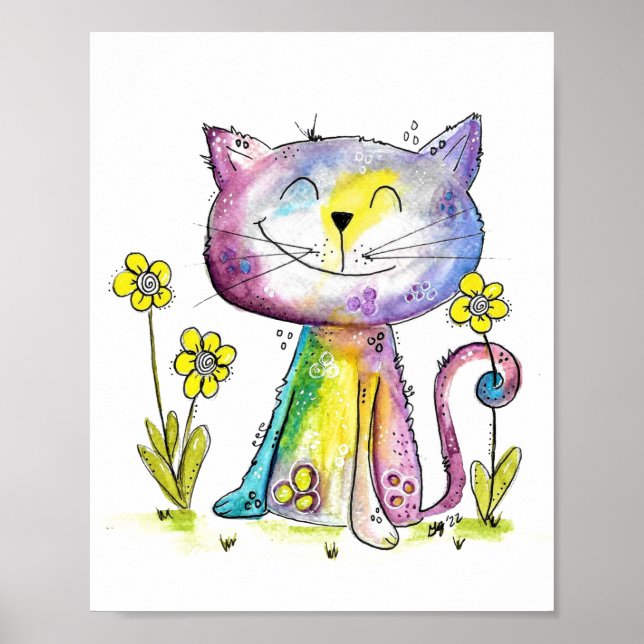 Niedliche Whimsical Happy Cat mit gelber Blume Poster (Vorne)