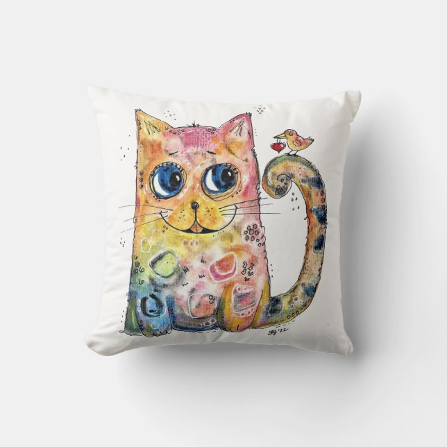 Niedliche Whimsical Happy Cat with Bird Kissen (Vorderseite)