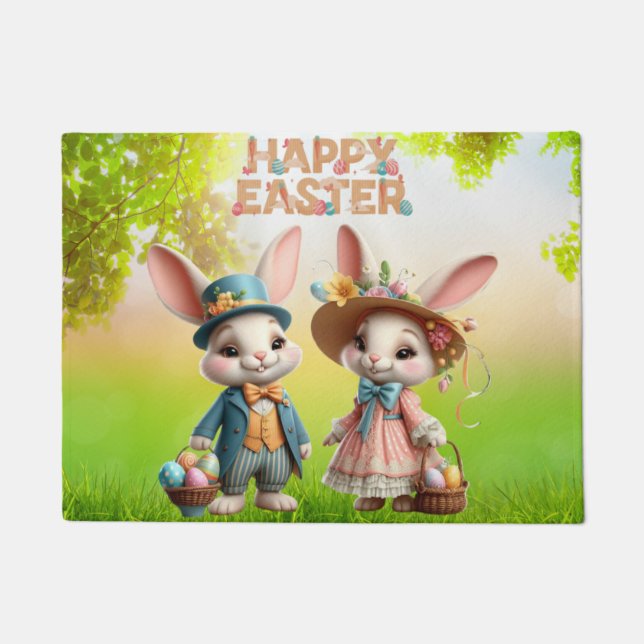 Niedliche, Whimsical Happy Oaster mit 2 Kaninchen Fußmatte (Vorderseite)
