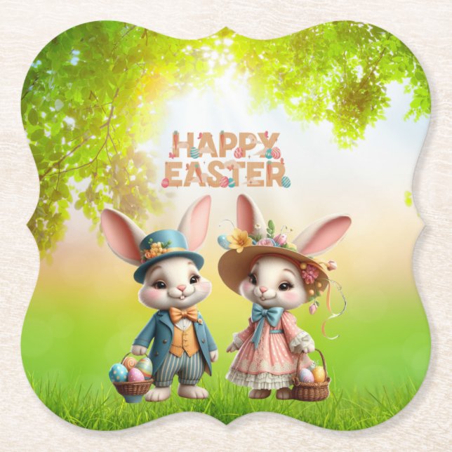 Niedliche, Whimsical Happy Oaster mit 2 Kaninchen Untersetzer (Vorderseite)