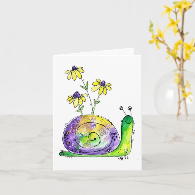 Niedliche Whimsical Happy Snail mit gelben Blumen Karte (Gelbe Blume)