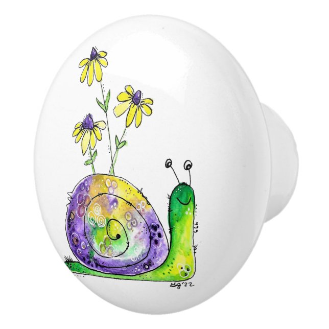 Niedliche Whimsical Happy Snail mit gelben Blumen Keramikknauf (Rechts)