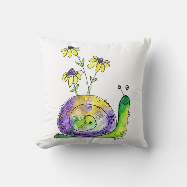 Niedliche Whimsical Happy Snail mit gelben Blumen Kissen (Vorderseite)