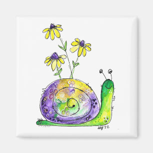 Niedliche Whimsical Happy Snail mit gelben Blumen Magnet