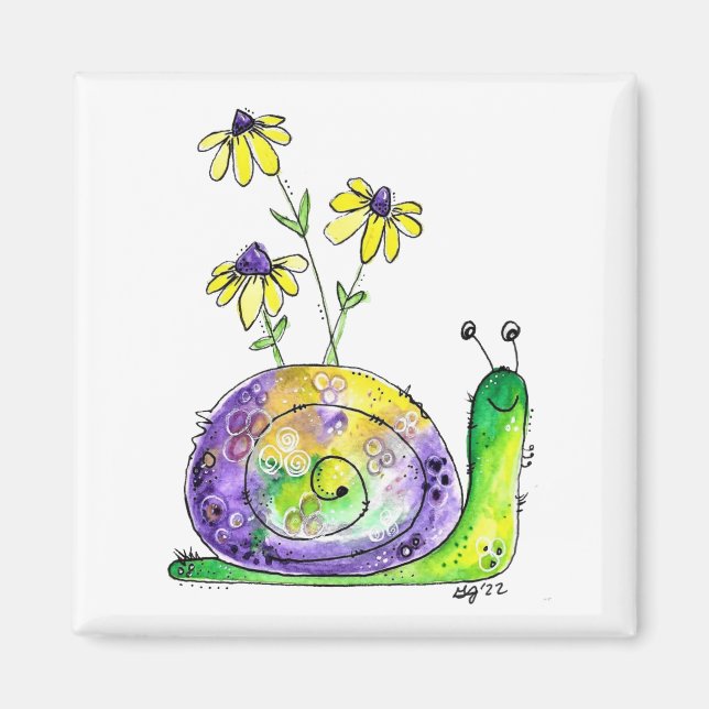 Niedliche Whimsical Happy Snail mit gelben Blumen Magnet (Vorne)