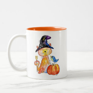Niedliche Whimsical Hexenkatze mit Pumpkin Zweifarbige Tasse