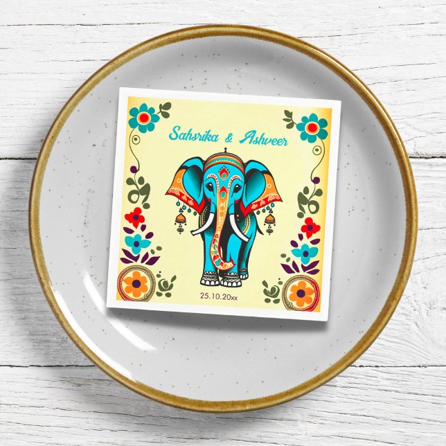 Niedliche whimsical indische Hochzeit verzierter E Serviette (Indian wedding ornate whimsical elephant  wedding tableware personalized napkins)