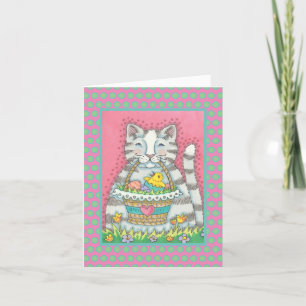 NIEDLICHE WHIMSICAL KITTEN & EASTER BASKET, CAT, V FEIERTAGSKARTE
