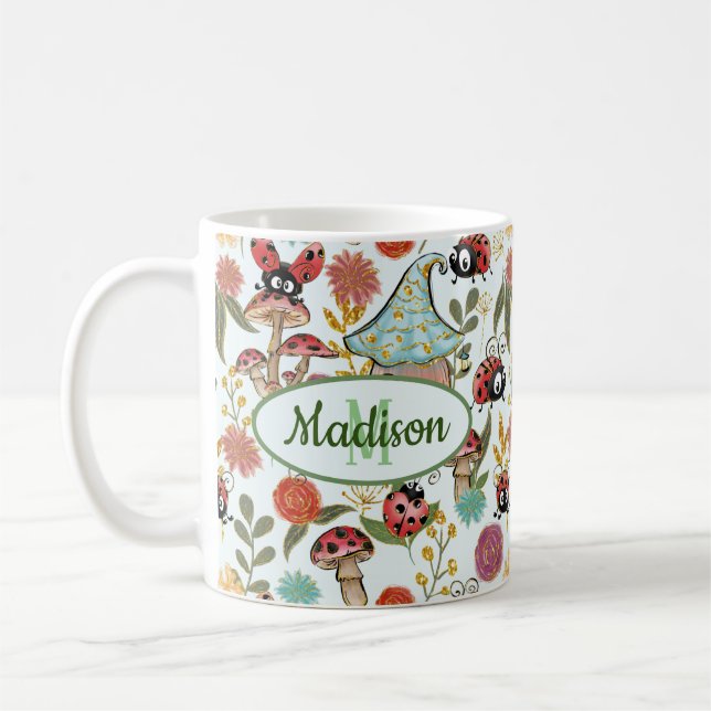 Niedliche Whimsical Ladybugs Mushrooms Blume Monog Kaffeetasse (Links)