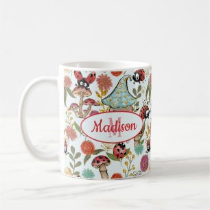 Niedliche Whimsical Ladybugs Mushrooms Blume Monog Kaffeetasse