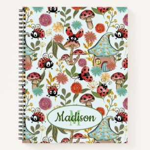 Niedliche Whimsical Ladybugs Mushrooms Blume Monog Notizbuch