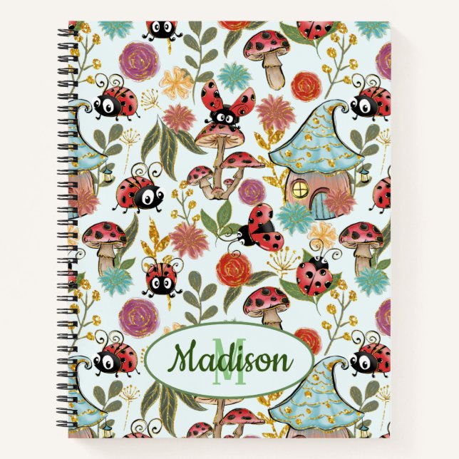 Niedliche Whimsical Ladybugs Mushrooms Blume Monog Notizbuch (Vorderseite)