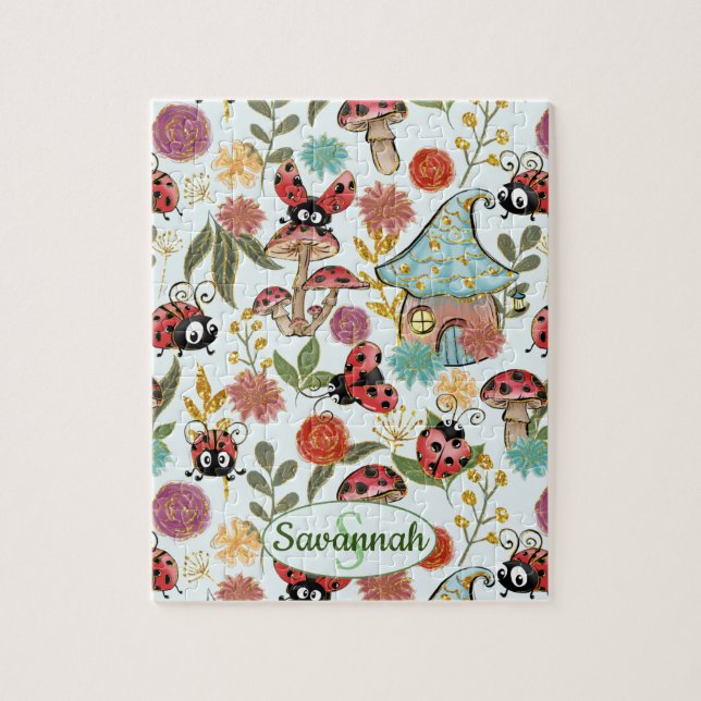 Niedliche Whimsical Ladybugs Mushrooms Blume Monog Puzzle (Vertikal)