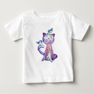 Niedliche Whimsical Lila Katze mit Vögeln Baby T-shirt