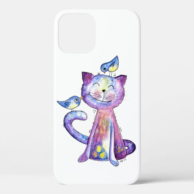 Niedliche Whimsical Lila Katze mit Vögeln Case-Mate iPhone Hülle (Rückseite)