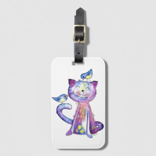 Niedliche Whimsical Lila Katze mit Vögeln Gepäckanhänger