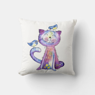 Niedliche Whimsical Lila Katze mit Vögeln Kissen