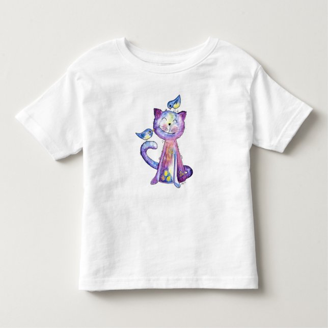 Niedliche Whimsical Lila Katze mit Vögeln Kleinkind T-shirt (Vorderseite)