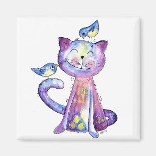 Niedliche Whimsical Lila Katze mit Vögeln Magnet