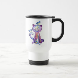 Niedliche Whimsical Lila Katze mit Vögeln Reisebecher
