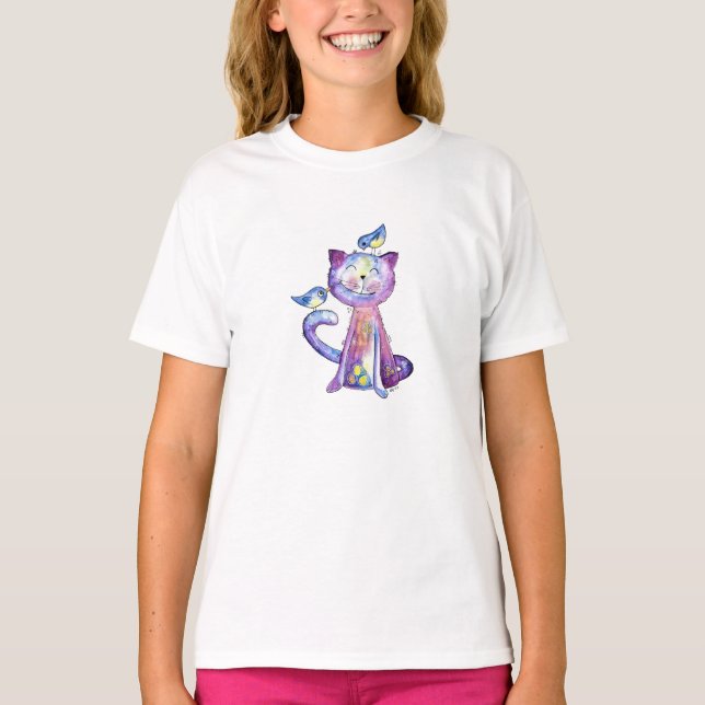 Niedliche Whimsical Lila Katze mit Vögeln T-Shirt (Vorderseite)