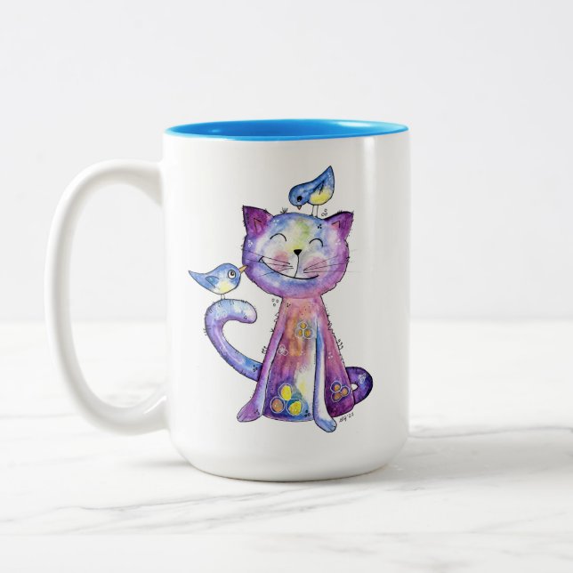 Niedliche Whimsical Lila Katze mit Vögeln Zweifarbige Tasse (Links)