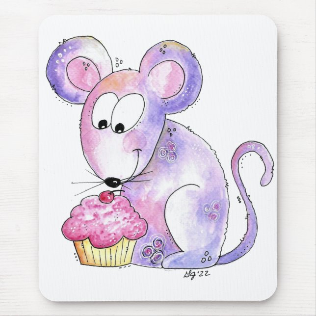 Niedliche whimsical Maus mit einem Cupcake Mousepad (Vorne)