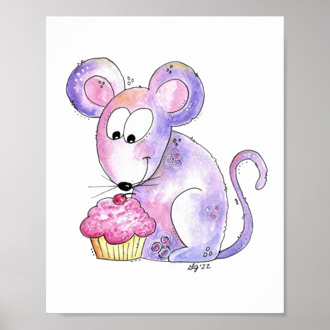 Niedliche whimsical Maus mit einem Cupcake Poster (Vorne)