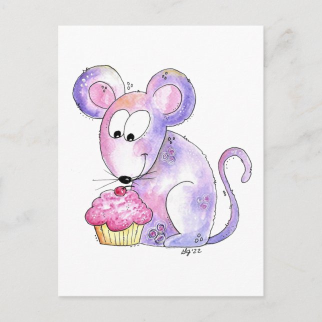 Niedliche whimsical Maus mit einem Cupcake Postkarte (Vorderseite)