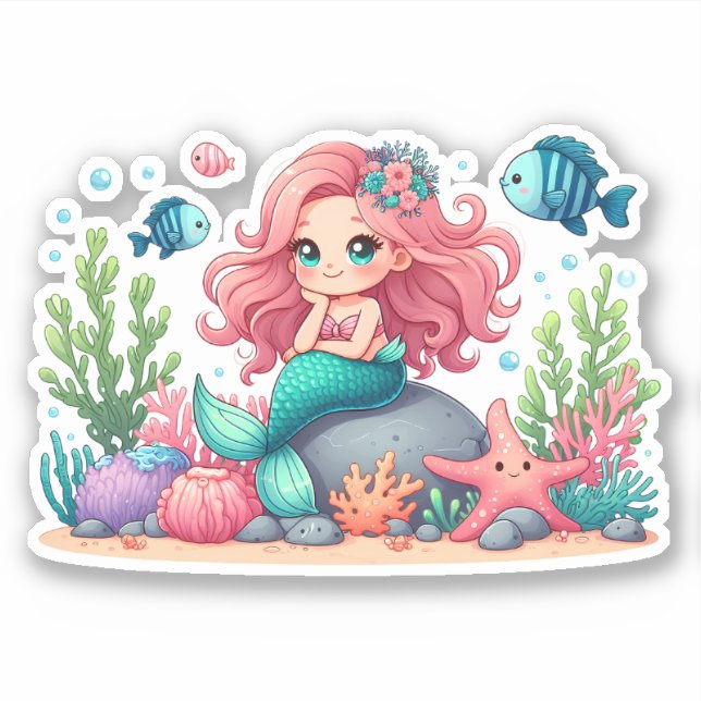 Niedliche Whimsical Mermaid und Fish Friends Szene Aufkleber (Vorderseite)