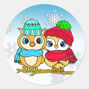 Niedliche Whimsical Owls auf Zweigweihnachtsfeiern Runder Aufkleber