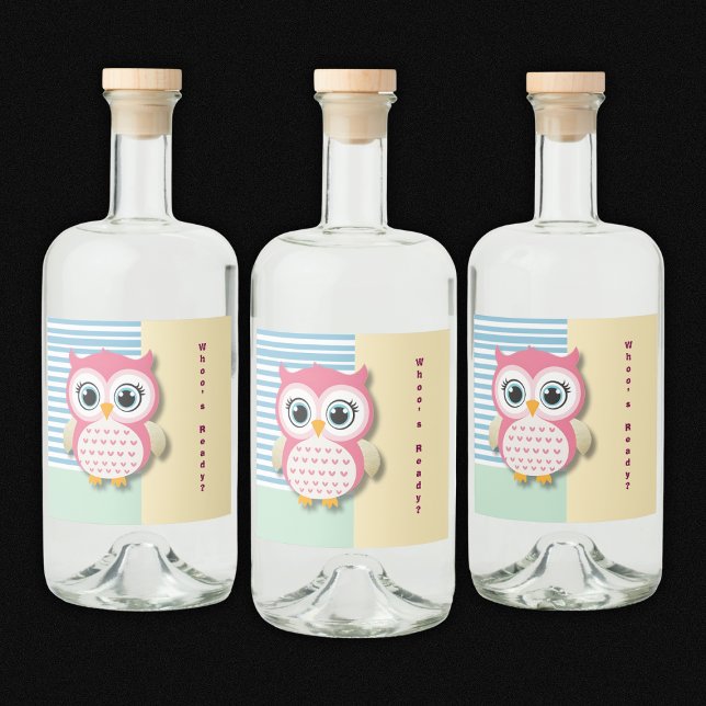 Niedliche Whimsical Pink Owl Babydusche Alkoholflaschenetikett (Von Creator hochgeladen)