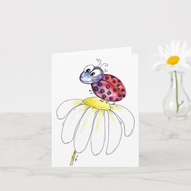 Niedliche Whimsical Red Ladybug auf einer weißen B Karte (Kleine Pflanze)