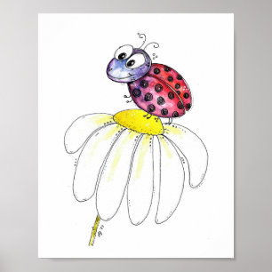 Niedliche Whimsical Red Ladybug auf einer weißen B Poster