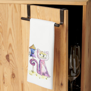 Niedliche Whimsical Sneaky Cat mit Birdhouse Geschirrtuch