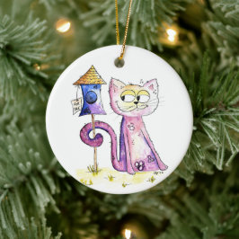 Niedliche Whimsical Sneaky Cat mit Birdhouse Keramik Ornament