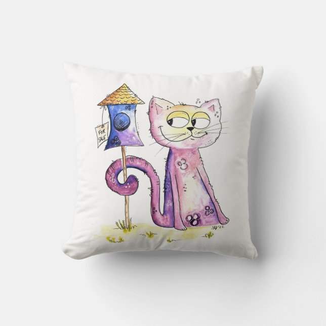 Niedliche Whimsical Sneaky Cat mit Birdhouse Kissen (Vorderseite)