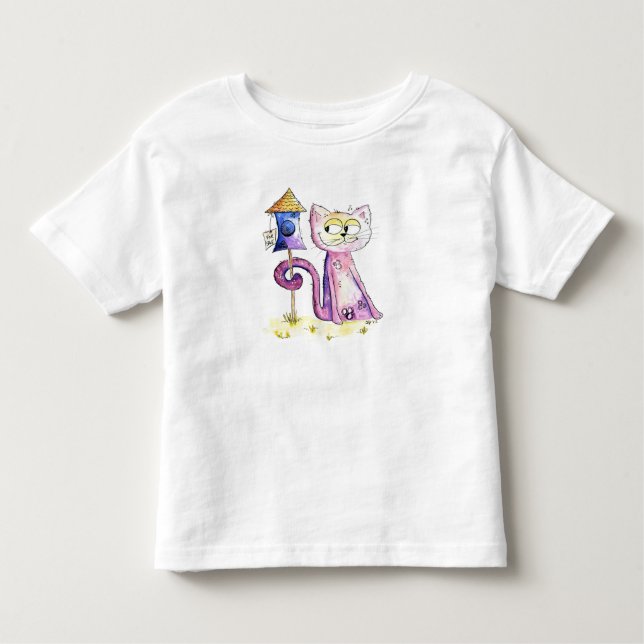 Niedliche Whimsical Sneaky Cat mit Birdhouse Kleinkind T-shirt (Vorderseite)