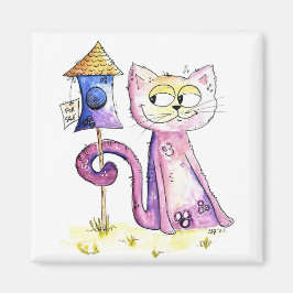 Niedliche Whimsical Sneaky Cat mit Birdhouse Magnet