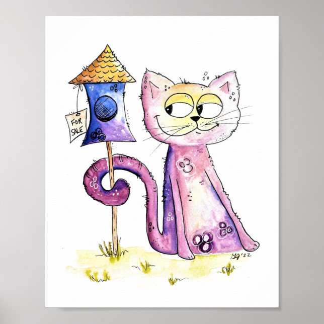 Niedliche Whimsical Sneaky Cat mit Birdhouse Poster (Vorne)