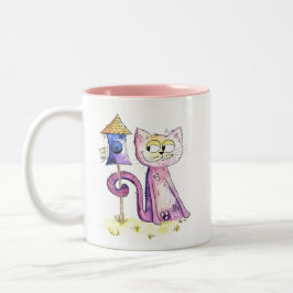 Niedliche Whimsical Sneaky Cat mit Birdhouse Zweifarbige Tasse