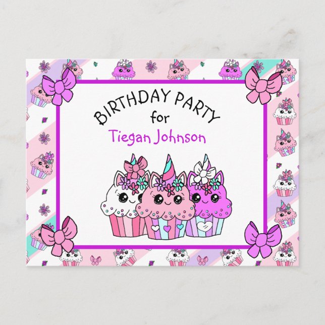 Niedliche Whimsical Unicorn Cupcake Birthday lädt  Postkarte (Vorderseite)
