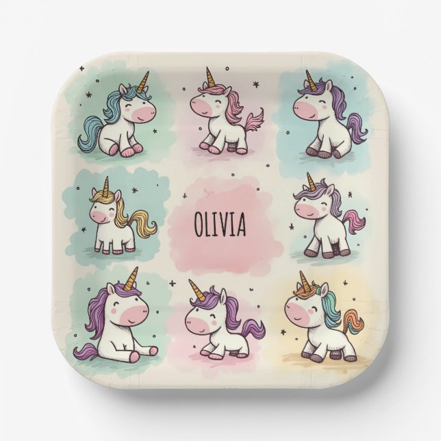 Niedliche Whimsical Unicorn Doodles Pappteller (Vorderseite)