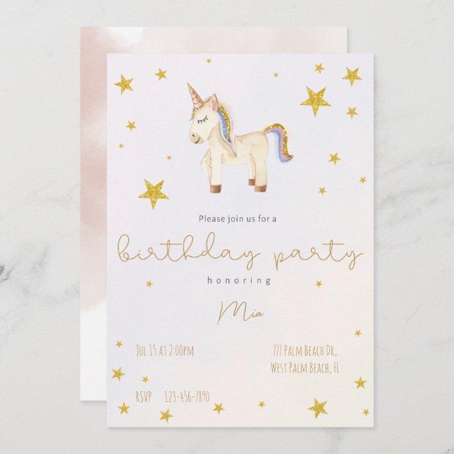 Niedliche whimsical Unicorn Gold Stars Kindermädch Einladung (Vorne/Hinten)