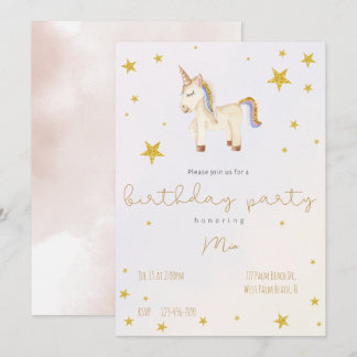 Niedliche whimsical Unicorn Gold Stars Kindermädch Einladung